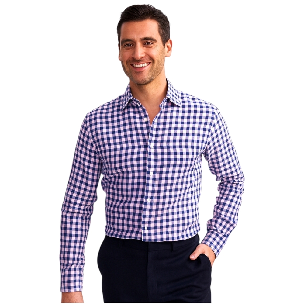 Thomas Pink Slim Fit Dress Shirt Blue Pink Check Linen Blend 15.5